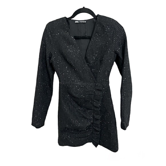 Zara Dresses & Skirts - NEW Zara Dress Size XS Womens Tetured Mini Weave Tweed Black Blazer Ruffle Dress